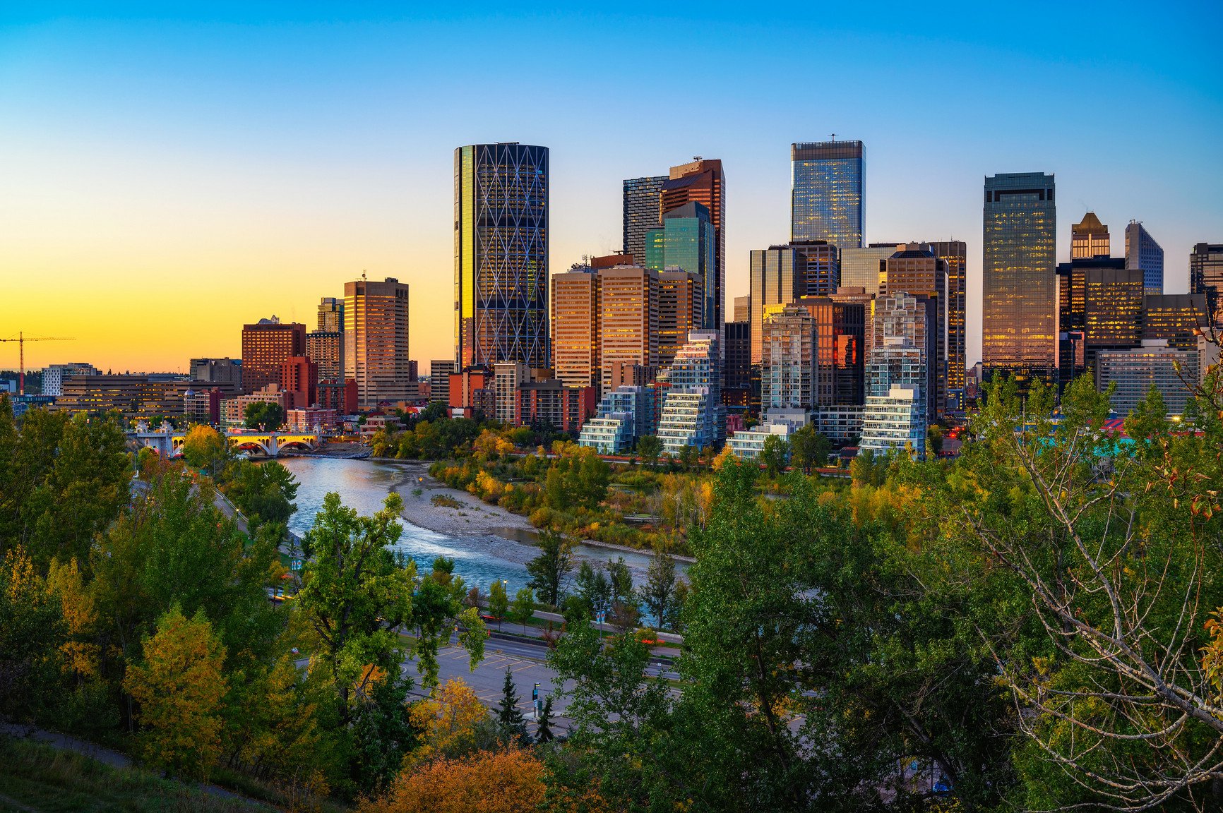 Calgary skyline with Rocky Mountains in background